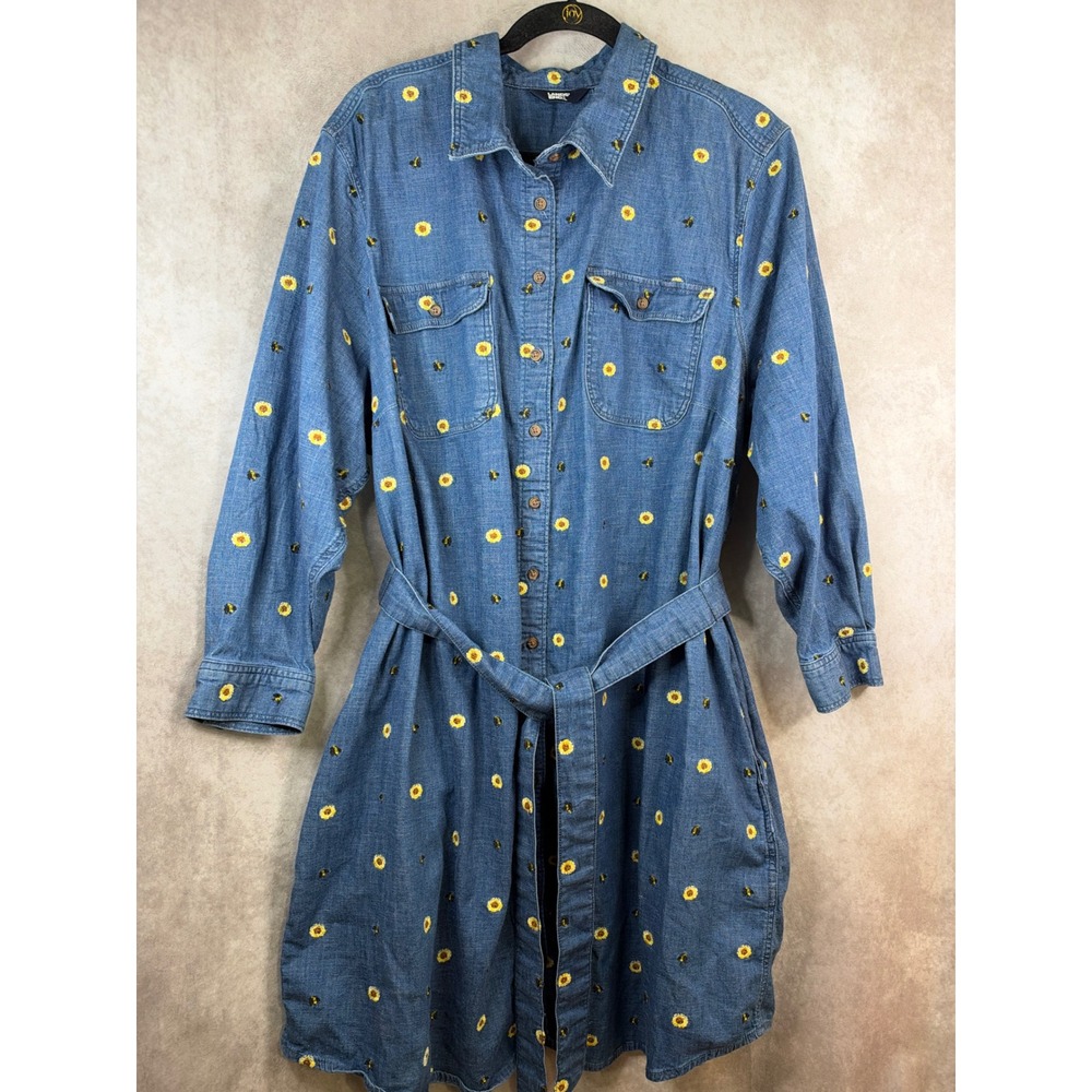 Lands End Shirt Dress Women 2X Blue Sunflower Bee Embroidered Denim Belted
